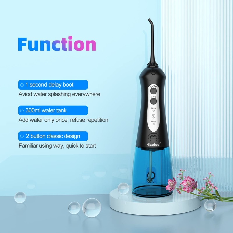 Cordless Water Flosser Teeth Cleaner, Nicefeel 300ML 2 Tip Cases