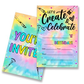EUDOSI Tie Dye Art and Craft Let's Create Painting Birthday Party Invitations Supplies Fill-In Set of 20 with Envelopes Art Birthday Bash Invites Cards(Double Sided)