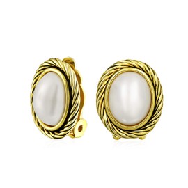 White Simulated Mabe Pearls Button Bezel Twist Rope Cable Clip-On Earrings For Women Oxidized Gold Plated Brass