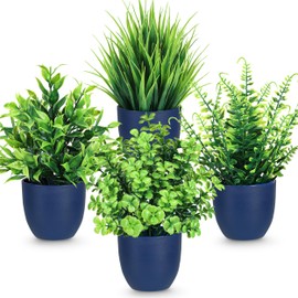 Der Rose 4 Pack Fake Plants Small Artificial Plants in Blue Pots Faux Plants Indoor for Home Kitchen Table Blue Bathroom Deor Accessories