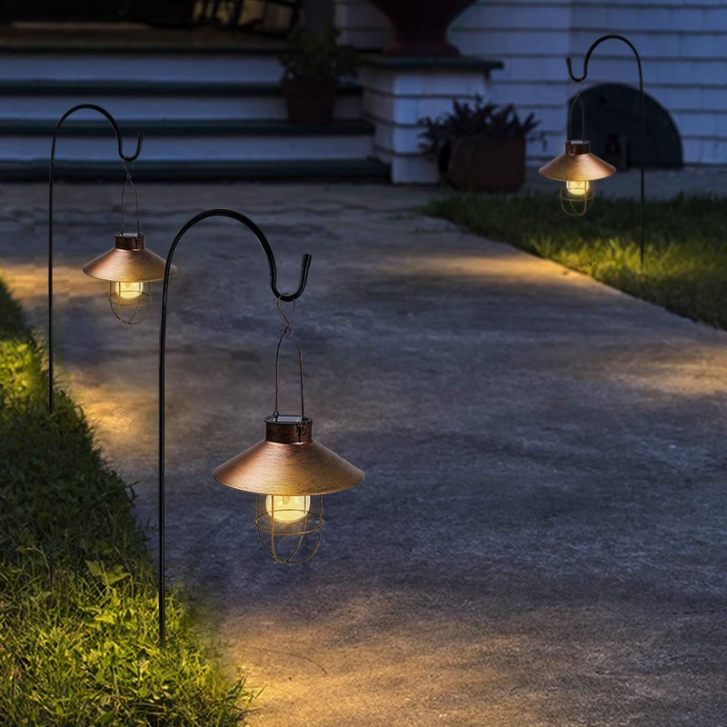 HUYIENO 2Pack Solar Metal Hanging Lantern with Shepherd Hook Outdoor