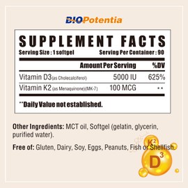 BIO POTENTIA Vitamin D3 K2 (MK7) Softgel Supplement, Vitamin D3 5000 IU & K2 100MCG with MCT Oil Supplement, Immune Support, Bone & Teeth Health, Gluten-Free, Non-GMO|90 Softgels