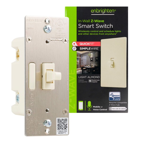 Enbrighten Almond Z-Wave Plus Smart Light Switch with QuickFit and SimpleWire, 3-Way Ready, Compatible with Alexa, Google Assistant, ZWave Hub Required, Repeater/Range Extender, Toggle, 14293