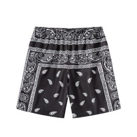 Eymitory Boy's Summer Boho Paisley Print Shorts Casual Kids Drawstring High Waisted Graphic Shorts with Pocket B-Black