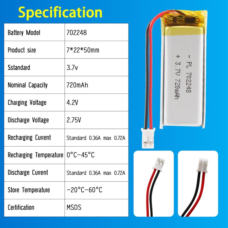 Qimoo 702248 3.7V Lipo Battery 720mAh 702248 Rechargeable Lithium Polymer