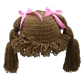 BIBITIME Knitted Pigtail Wig Beanie Handmade Women Girl's Braid Hat Bowknot Cap (One Size for Girl, Light Coffee)