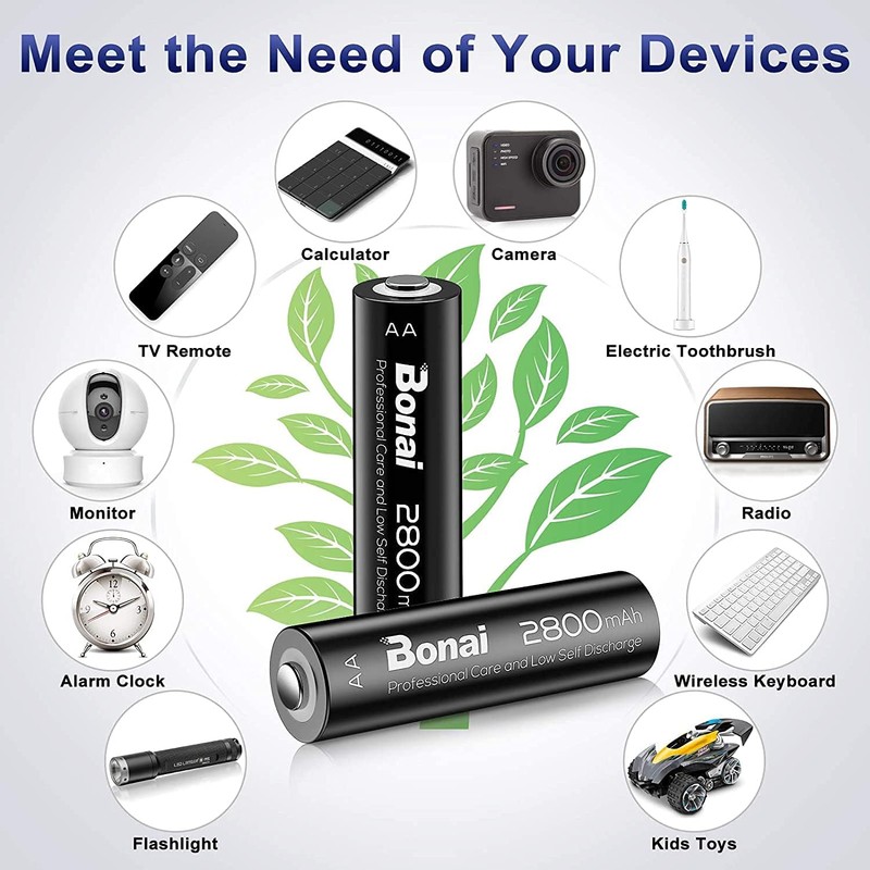 BONAI Rechargeable AA Batteries 2800mAh High Capacity, Recharge up to