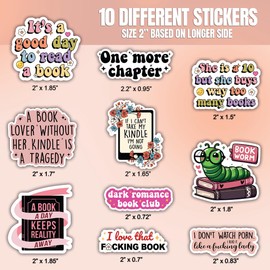 (10pcs) Kindle Stickers Funny Bookish Booktok Kindle Sticker Book Reading Stickers Funny Gifts Multiple Different Design, Waterproof, UV- Resistant, Suitable for Tumbler, Laptop, Car, Truck