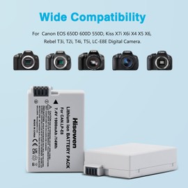 Hisewen LP-E8 Battery 2-Pack and Dual USB Charger Compatible with Canon EOS Rebel T2i, T3i, T4i, T5i, EOS 550D, 600D, 650D, 700D, Kiss X4, Kiss X5, Kiss X6 Cameras