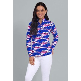 IBKUL Athleisure Wear Sun Protective UPF 50+ Icefil Cooling Lizzy Print Long Sleeve Mock Neck Top Hot Pink/Blue Lizzy XS