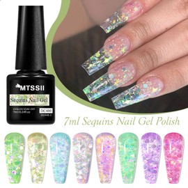 MTSSII Jelly Glitter Gel Nail Polish Set 8 Pcs Transparent Glass Flowinglight Gel Polish Sheer Shiny Sequins Pink Blue Green Purple Gel Nail Kit for Nail Art DIY Manicure at Home