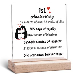 Happy 1st Anniversary Wedding Gifts for Him Her Paper Anniversary Acrylic Plaque Clear Desk Decorative Sign 1 Year Wedding Gifts for Wife from Husband Couple Acrylic Sign With Wooden Stand for Desk