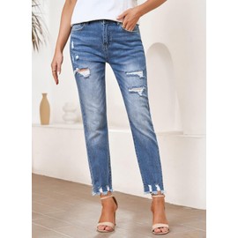 EVALESS Womens Jeans Stretchy High Waisted Pull On Ripped Distressed Jean Tummy Control Straight Ankle Denim Pants Sky Blue Size 8