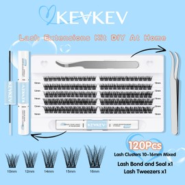 KevKev Lash Extension Kit 120Pcs DIY Lash Extension Kit Lash Clusters Lash Bond and Seal D Curl 10-16mm Soft Natural Cluster Lashes Lash Applicator Tool for Eyelash Extensions (Ocean, 10-16mix)