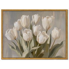 MTFBWY Framed White Tulip Wall Art – Vintage Botanical Canvas Picture, Farmhouse Floral Print, Rustic Still Life Decor for Kitchen, Bedroom, Bathroom 10L x 8W