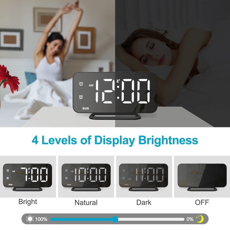 JALL Super Slim LED Digital Alarm Clock, Mirror Surface for