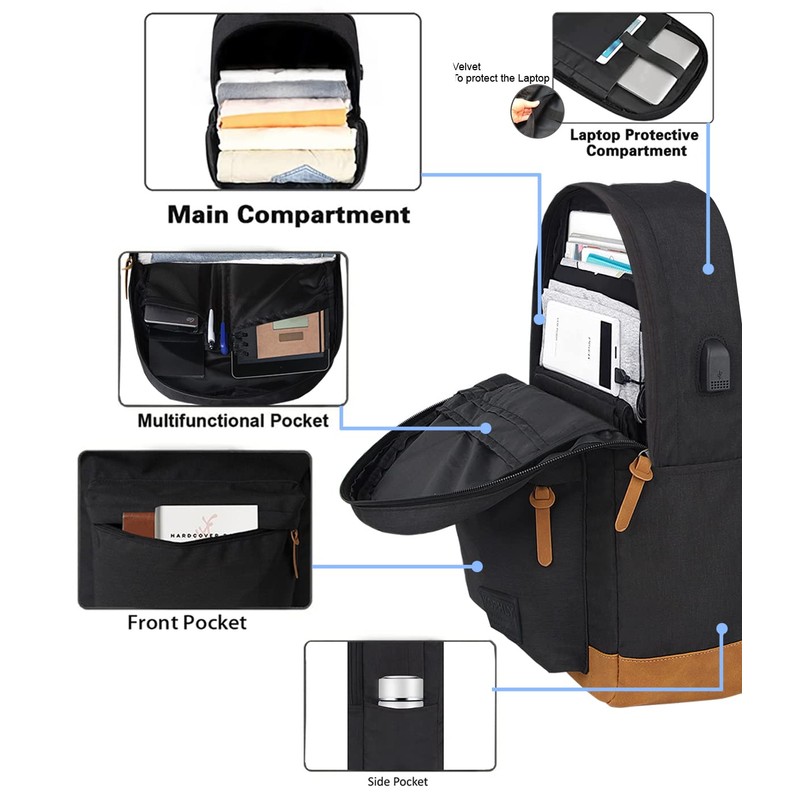 KOPHLY Casual Lightweight Laptop Backpack with USB Charging Port For