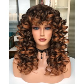 CoCrowns Curly Wig with Bangs for Black Women Long curly Shag Synthetic Hair Wigs Daily Use Cosplay 17 Inch (Ombre Brown)