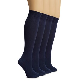 Hugh Ugoli Women's Bamboo Knee High Socks | Comfort Seam Long Dress Socks, Soft & Lightweight | 4 Pairs, Navy Blue, Shoe Size: 5-8