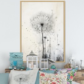 DesignQ Dandelion Oversized Brown Framed Wall art decor, Dandelion Wall Art, Minimalist White Dandelion, Black Canvas wall art, 16x32 inches