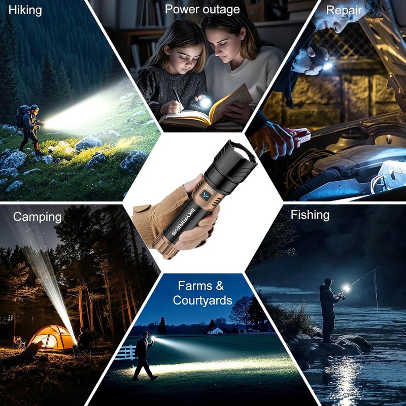 SKYFIRE Rechargeable Flashlight High Lumens,8000mAh Super Bright Flashlight,Zoomable,4 Modes,Waterproof LED