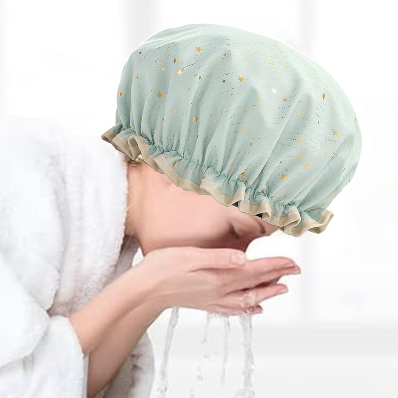 ieron Double Layer Shower Caps, Reusable Bath Cap, Waterproof Elastic