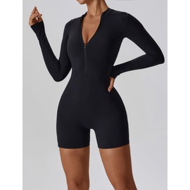Women's Yoga Jumpsuit, Long Sleeves, One Piece, Zip, Sports and Fitness, black
