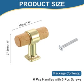 sourcing map 6 Pcs T Bar Wooden Drawer Pulls Wood Single Hole Dresser Drawer Knobs Furniture Dresser Pull Handles with Screws for Home Kitchen Room Closet Cupboard, Wood/Gold