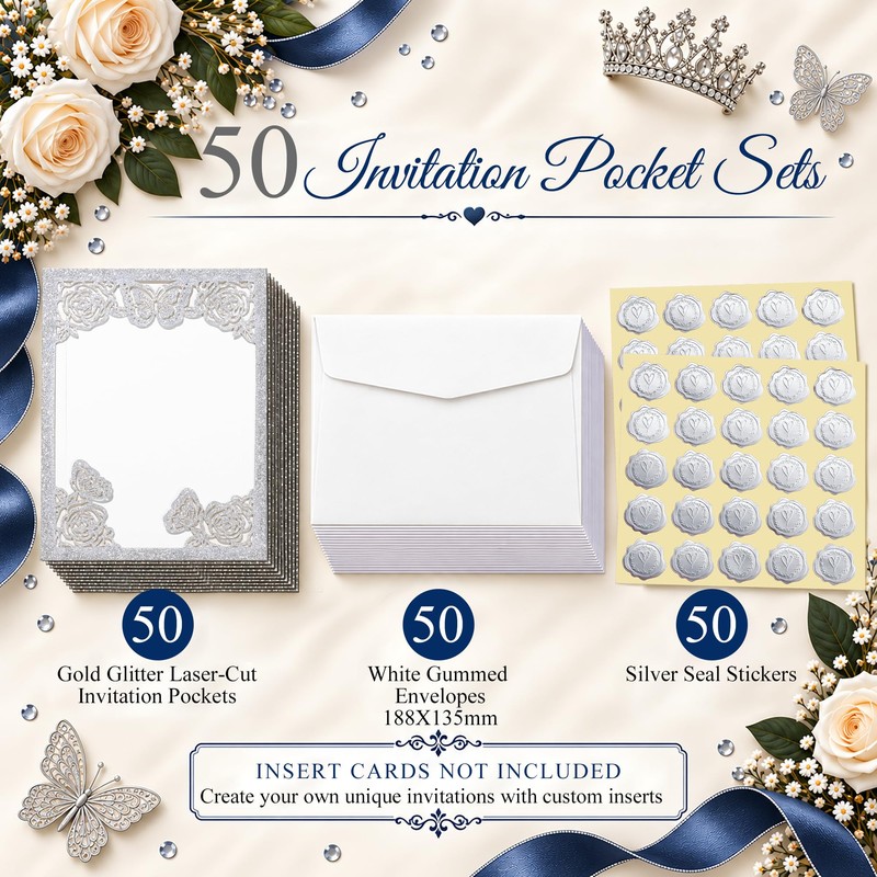 DORIS HOME 50Pcs Glitter Silver Butterfly Quinceanera Invitations, 5" x