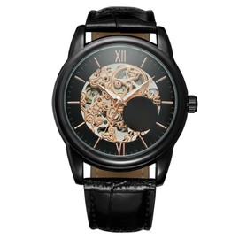 WINNER Male Mechanical Watch Leather Strap Fashionable Round Wristwatch(Black   Rose Gold)