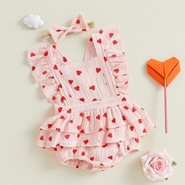 COORALLY Baby Girls Ruffle Sleeveless Romper Lace Floral Backless Cotton Linen Bodysuit Jumpsuit with Headband Clothes Set (Pink-Heart, 0-3 Months)