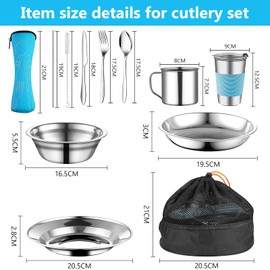 YushengTai Camping Crockery 1 Person 10-Piece Set, Stainless Steel Camping Tableware, Outdoor Travel Cutlery Camping Cutlery with Cutlery, Forks, Bowls, Cutlery Bag for Motorhome, Travel (Blue)