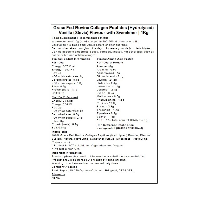 Grass Fed Hydrolysed Bovine Collagen - Vanilla Stevia (1kg)