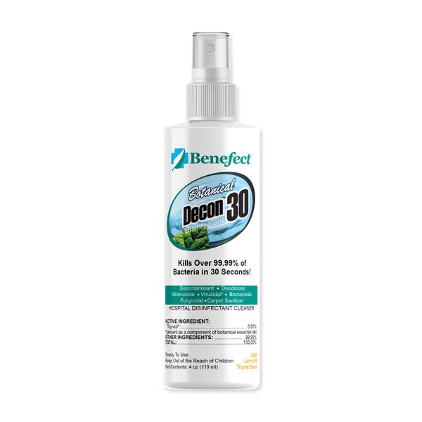 Benefect Botanical Decon 30 Disinfectant Cleaner, 4 oz. Spray Bottle, Light Lemon & Thyme Scent, Hospital Grade Disinfectant, Kills Over 99.99% of Germs, Safe for Food-Contact Surfaces