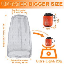 Benvo Mosquito Head Net Mesh, Face Neck Fly Netting Hood from Bugs Gnats Noseeums Screen Net for Any Outdoor Lover- with Carry Bags Fits Most Sizes of Hats Caps (2pcs, Grey, Updated Big Net)