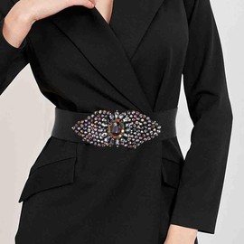 Bohend Korn Flower Elastic Belt Black Wide Stretchy Belt Crystal Beads Waist Belt for Dress Vintage Belt for Women and Women, black