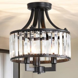 KAHHOKING Black Crystal Chandelier, 3 Light Modern Dining Room Lighting Fixture, Semi Flush Mount Ceiling Chandelier, D12XW12XH14, E12 Socket, Bedroom, Hallway, Living Room, Foyer