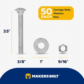 3/8" x 3-1/2" (50 Pack) Galvanized Carriage Bolt Kit, Grade 307A, Hot Dip Galvanized for Exterior Use by Makers Bolt