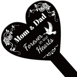 GLOBLELAND Heart Shaped Mom and Dad Garden Stake Memorial Remembrance Plaque Stake for Cemetery Acrylic Waterproof Sympathy Garden Stakes for Yard Grave Cemetery