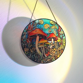 Mushroom Suncatchers Stained Glass Suncatcher - Originally Designed 7.8'' Suncatchers for Sun Catchers Indoor Window | Gifts for Mushroom Lovers Painted Glass Panel Decor Themed Gift