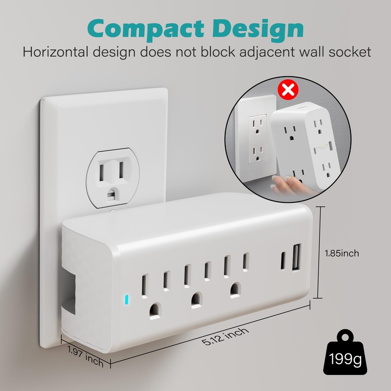 Surge Protector Outlet Extender Wall Tap Adapter, 3 AC Multi-Outlet