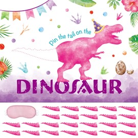WERNNSAI Pin The Tail on the Dinosaur Party Games - Watercolor Dino Party Supplies for Kids Girls 21’’ x 28’’ Pink Dinosaur Poster with 24 Pcs Reusable Stickers for Birthday Baby Shower Activities