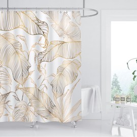 ZXMBF White Gold Tropical Palm Leaves Shower Curtain Abstract Banana Leaf Copper Chic Modern Botanical Plant Nature Aesthetic Bathroom Decor Waterproof Fabric 72Lx60W Inch with 12PCS Hooks