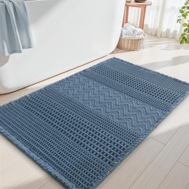 AMOAMI Waffle Bath-Mat, Super Absorbent Bath Mats for Bathroom, Boho Bathroom Rugs Non Slip Washable, Ultra Soft Bath-Mat with Tassels Bath Rugs for Floor Mat, 17" X 24" Blue