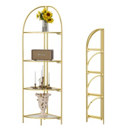 Crofy Foldable 4 Tier Corner Shelf, Metal Corner Plant Stand with Gold Frame and Transparent Shelves, Corner Display Rack Multipurpose Shelving Unit for Living Room, Bedroom, Bathroom