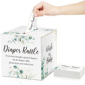 Pajean Diaper Raffle Box for Baby Shower with 50 Pcs Greenery Diaper Raffle Tickets Baby Shower Party Decorations Leaves Insert Invitations Card, Bring a Pack of Diapers to Win Prize Games