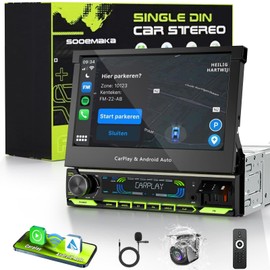 【SOOEMAKA】Newest Single Din Touchscreen Radio with Wireless CarPlay, 7 inch QLED Android Auto screen for car,Motorized Flip out Car Stereo Upgrade Fast Charging(QC/PD 3.0)/AM/FM/DSP/AHD/voice control