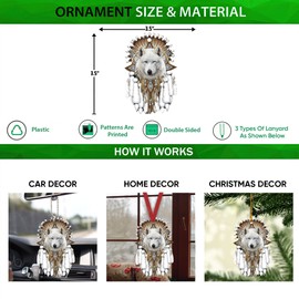 Talataca Native American Indigenous Us Indian Dreamcatcher White Wolf 2D Flat Car Rear View Mirror Accessories Christmas Tree Ornament Decoration Hanging Charm Interior Rearview Pendant Decor Gift