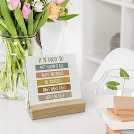 FUGWN Mental Health Gifts Desk Decor, Therapist Office Decor Wood Desk Sign, Counseling Office Decors, It is Okay to Not Know It All Wooden Plaque with Wood Stand for TherapyOffice Table Decors