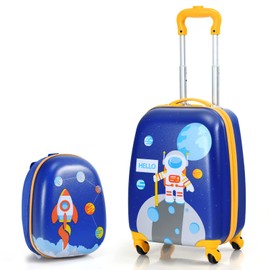 BABY JOY 2 Pieces Kids Luggage Set, 16" Toddlers Carry-on Suitcase & 12” Backpack Set, Children Travelling Case w/ 4 Casters & Retractable Handle, Lightweight Trolley Case for Boys & Girls (Astronaut)